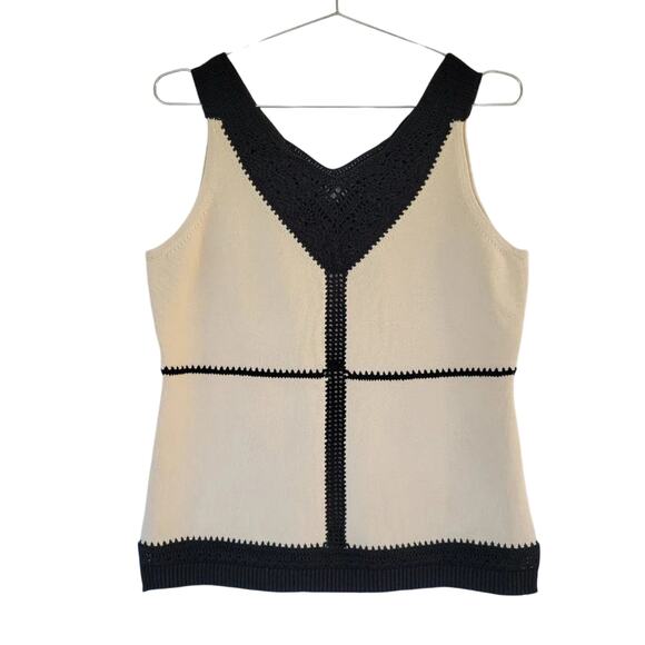 Per Se by Carlisle Sleeveless Blouse Beige Black Crochet Trim Women Size M - Picture 1 of 12